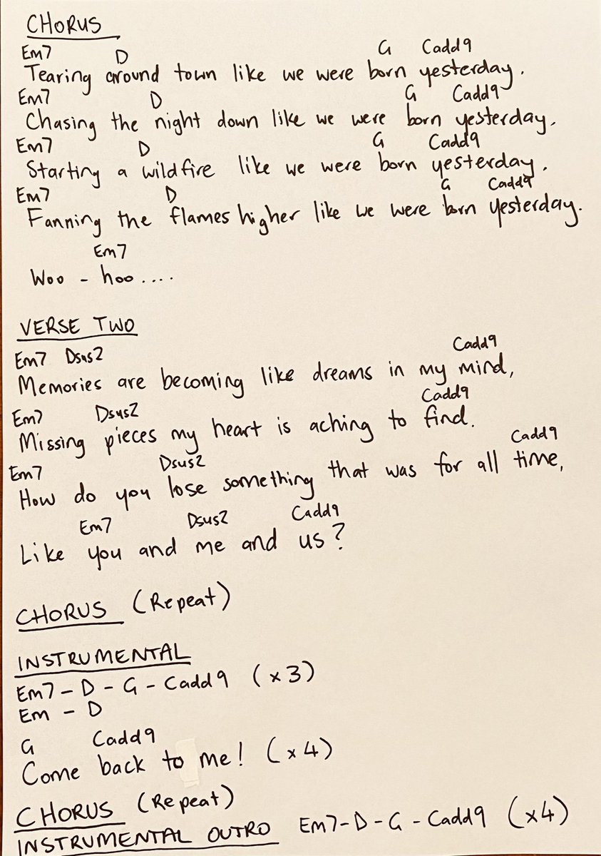 Words + Music.  Lyrics + Chords.  Handwritten by moi.  For you.  I haven’t done this since I was a kid.  ‘Av a splendid weekend!