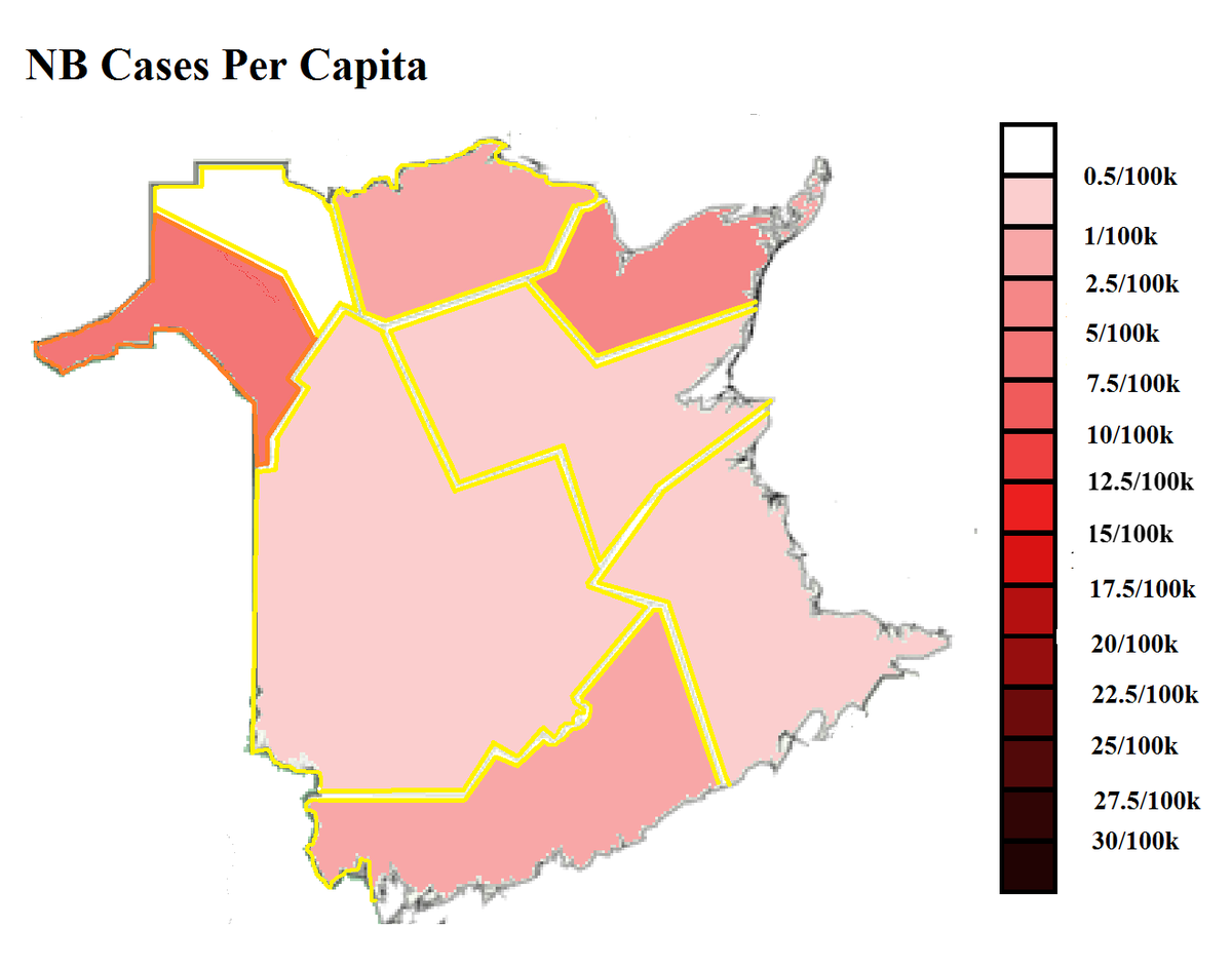 Updated restrictions/case levels map and cases per capita timeline with Edmundston emphasized. Travel case levels aside, NB is doing really well. Contact tracing has been good. No obvious issues, currently.