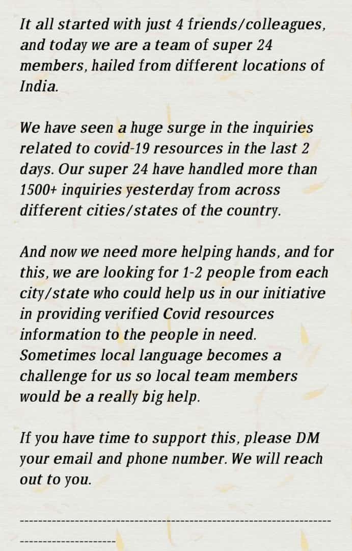 NeetuBansal5's tweet photo. We need more helping hands across different cities/states like Mumbai, Bangalore, Hyderabad, Delhi

If you have time to support, DM me your city, name and phone number.

#COVID19India #COVID19 #CovidHelp #IndiaFightsCorona https://t.co/g8CJcBkq0V