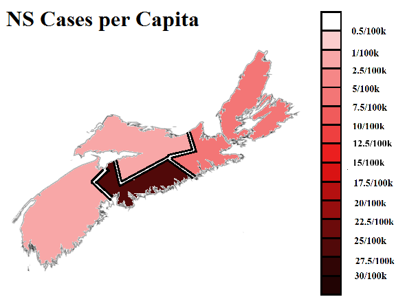 Updated restrictions/case levels map, case origins timeline, and cases per capita timeline with Halifax emphasized. Province is still indicating that community transmission is limited to the Halifax area (I'm suspicious about Eastern zone, but comparatively small currently)