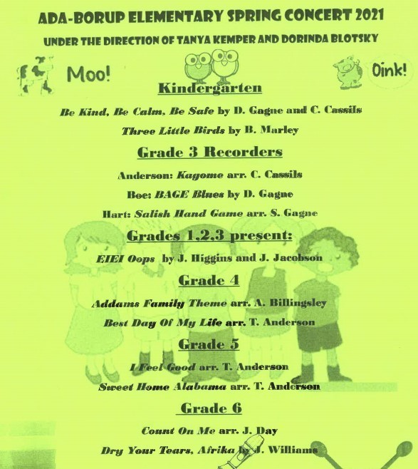 ElemLil's tweet photo. The Ada-Borup Elementary Music Department presents it 2021 Spring Concert: Under the direction of Tanya Kemper and Dorinda Blotsky

Please view in the link below: 

https://t.co/usgGB1Hc5b https://t.co/HIPmYRJWiD