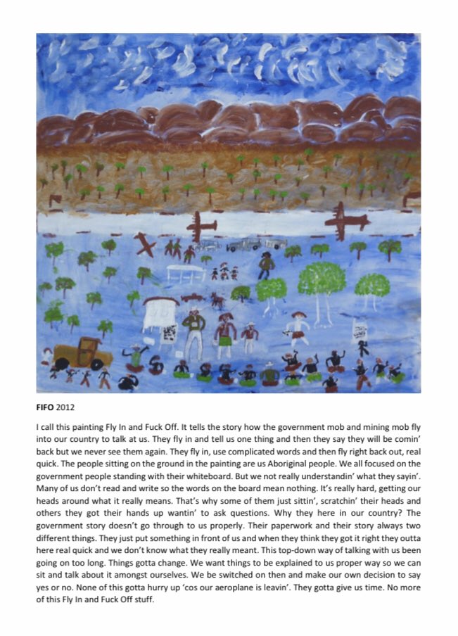 Garawa elder Jack Green’s remarkable submission to the Juukan Gorge Parliamentary Inquiry:“FIFO 2012”  https://www.aph.gov.au/DocumentStore.ashx?id=16f7c3be-086e-4372-8212-9752a68a504c&subId=706218