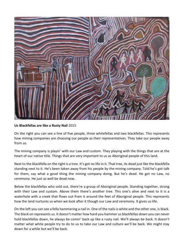 Garawa elder Jack Green’s remarkable submission to the Juukan Gorge Parliamentary Inquiry:“Us Blackfellas are like a Rusty Nail 2015” https://www.aph.gov.au/DocumentStore.ashx?id=16f7c3be-086e-4372-8212-9752a68a504c&subId=706218