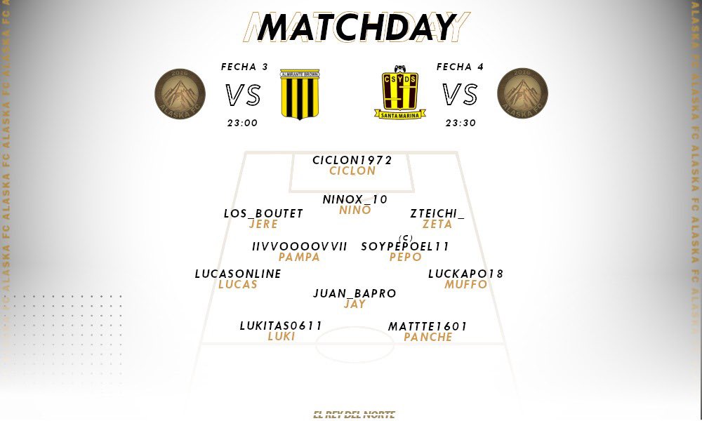 🗒| #MATCHDAY 

Tras un mal arranque, el plantel sale en busca de revertir la situación del equipo. 

23:00 hs vs <a href="/almirante_sport/">Almirante Brown eSports</a> 
23:30 hs vs @SantaeSports1 

#ElReyDelNorte ❄️