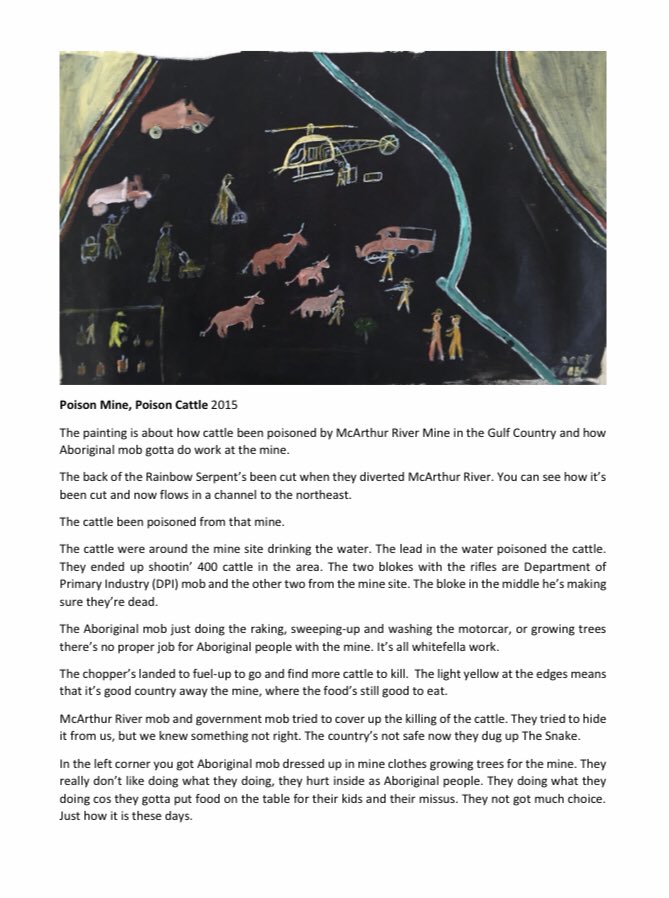 Garawa elder Jack Green’s remarkable submission to the Juukan Gorge Parliamentary Inquiry tells the story of the impact of Glencore’s massive MacArthur River Mine through a series of paintings:“Poison Mine, Poison Cattle 2015” https://www.aph.gov.au/DocumentStore.ashx?id=16f7c3be-086e-4372-8212-9752a68a504c&subId=706218