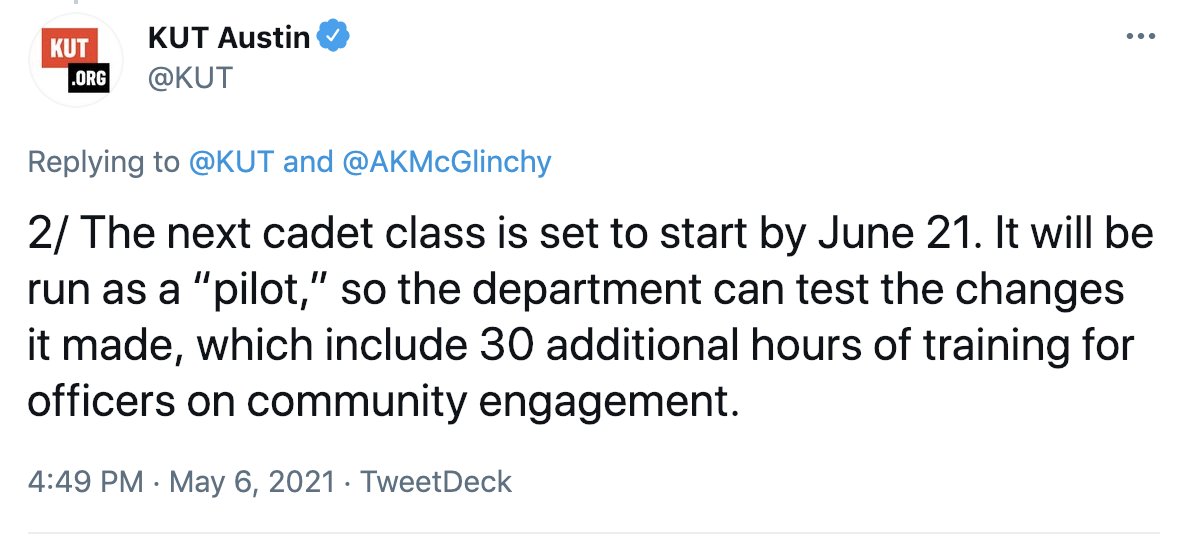We deleted a previous tweet in this thread saying the new cadet class would start by June 21. The city says it will start by June 7.  http://kutne.ws/3vHIGTy 