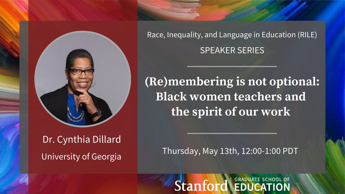 What does it take to be joyful in the work of teaching, learning, &amp; living? Join us as we learn from the work of <a href="/cynthiabdillard/">Cynthia B Dillard</a> (Nana Mansa II of Mpeasem, Ghana) on Black women teachers and the essential role of spirit in education. #RILE2021 Register: stanford.io/3enscdt