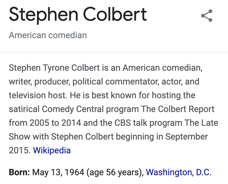 Colbert Interview:1. Taylor references Colbert's Wikipage. One of the first things you see is his birthday, MAY 13th!2. She says he was 44 years, 179 days old. 179-44=135 or 5/13.3. His office was on 513 street. Once again, May 13th.4. The SSN adds to 14 (3+3+0+3+5=14)
