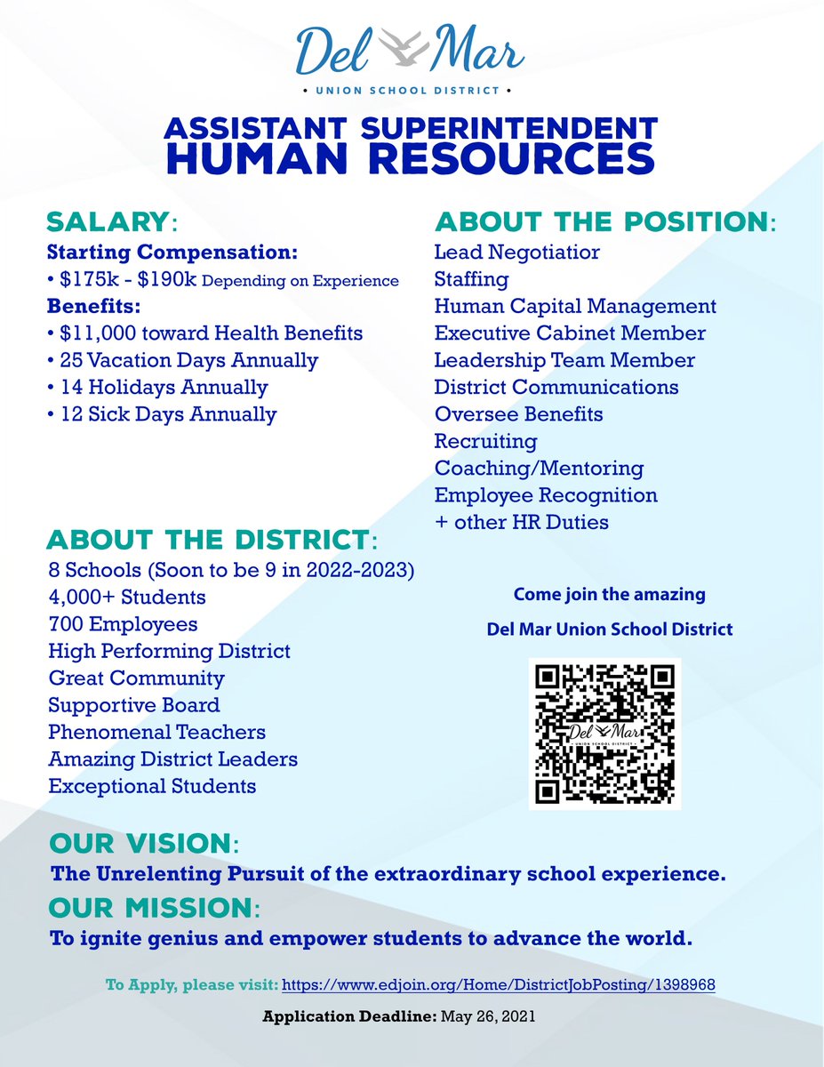 Assistant Superintendent, Human Resources position opening in Del Mar USD.  Amazing opportunity.  CLICK ON PIC and apply today!