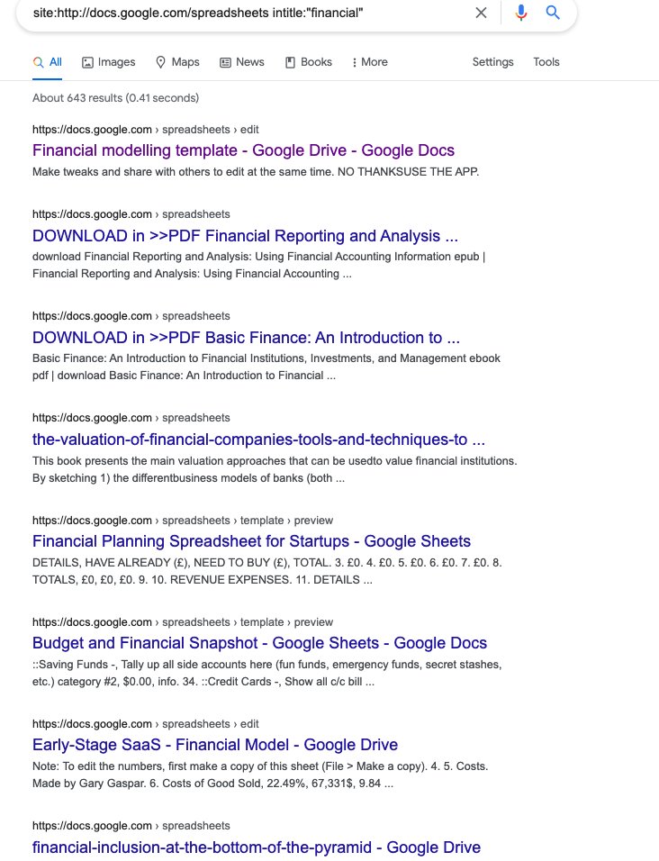 MFaizGhifari's tweet image. Dengan trik sederhana, kamu bisa mencari google sheet publik, caranya dengan mengetik query berikut:
site:docs.google.com/spreadsheets intitle:"X"
Ganti "X" dengan: 'Model', 'Financial', dst sesuai apa yang ingin kamu cari. Cukup berguna untuk mencari template dsb, Selamat mencoba✨