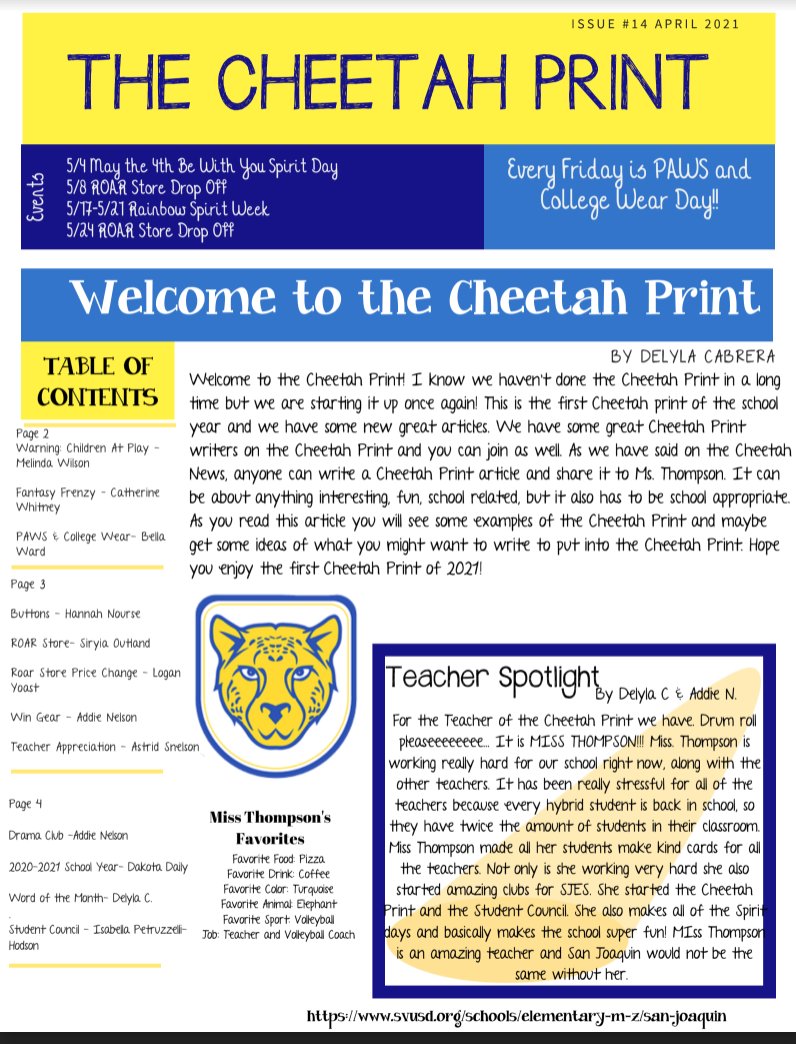 My Cheetah Writers continue to amaze me!! Their effort and optimism in such a weird year is unreal. Here's our latest addition of the Cheetah Print! bit.ly/CheetahPrint14 @SJCheetahs @DShun21C @SVUSDSchools #SVUSDshines