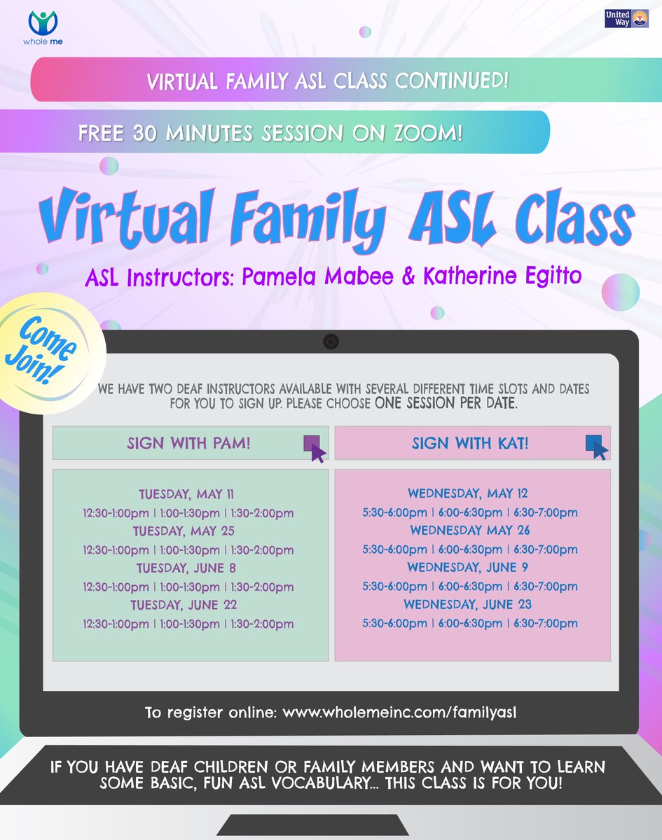 Happy Thursday!

Next week will be the first session for the Virtual Family ASL Class! The new instructor, Kat, will join Pam to teach more signs to families with deaf and hard-of-hearing children!

Please sign up below if interested 
wholemeinc.com/familyasl

Spread the word!