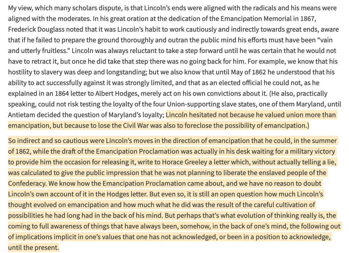 Lincoln firmly believed loyalty should be rewarded. In practice, this prevented him from taking absolutist positions when it came to groups defined by anything other than loyalty. Service to the Union was more salient to him than almost anything else.