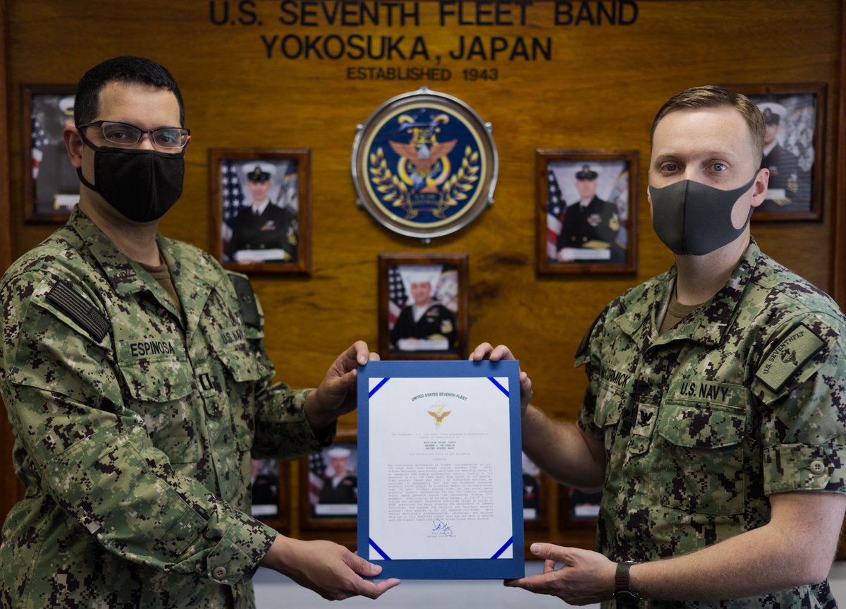 7thFleetBand's tweet photo. Lieutenant Luis Espinosa presents Flag Letters of Commendation to MU1 Brian Kloppenburg, Sailor of the Quarter, MU2 Benjamin Reid, Junior Sailor of the Quarter, and MU3 Andrew McCormick, 
Bluejacket of the
Quarter.  Bravo Zulu shipmates!

#C7FBand #FleetBandActivities #NavyMU https://t.co/mrTmLLw8wi