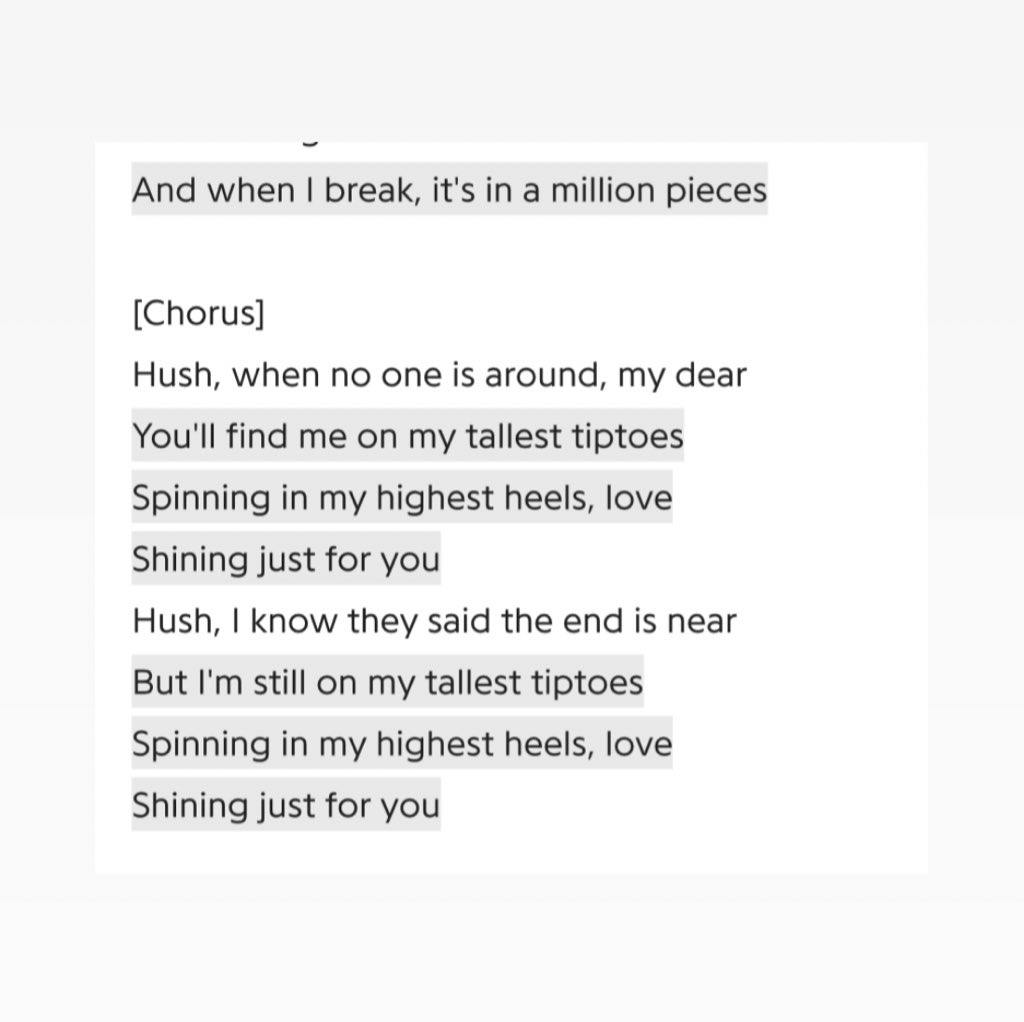 the rest of the song just seems completely hopeless, nothing about what this character thinks is rational & it’s all completely dependent on someone else. maybe seeking someone to do the impossible work of picking up “a million pieces” that they cannot.