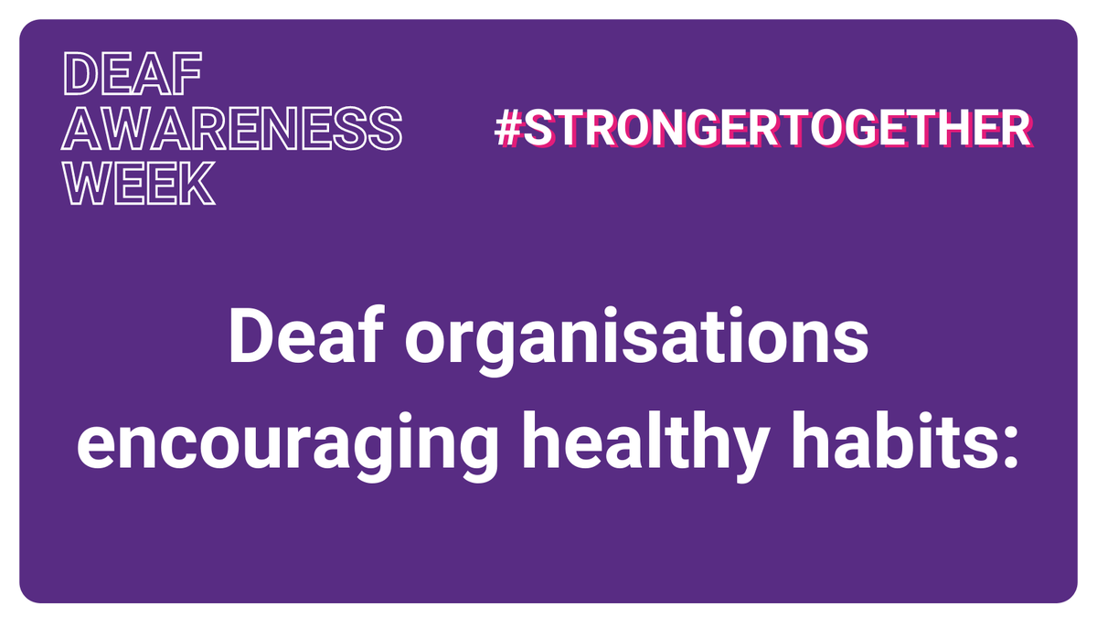 SignHealth's tweet image. 🧵Deaf organisations encouraging healthy habits 1/7

There are so many ways we can each take small steps to make healthy choices and even have fun and connect with others in the process. How about joining a workshop or group near you?

#DeafAwarenessWeek2021 #StrongerTogether