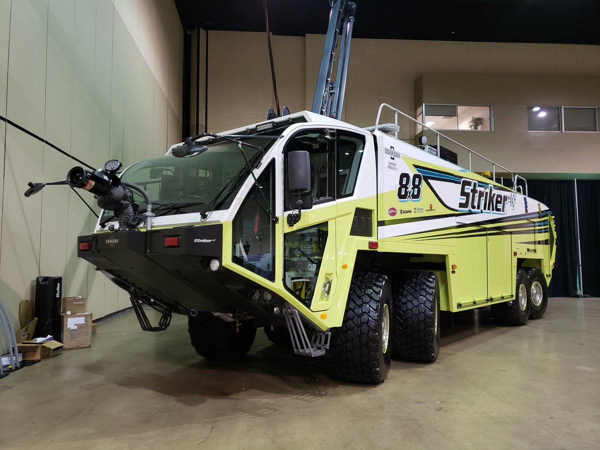Fire service pic of the day: The Oshkosh Striker 8 wheel drive monster of a truck @airportproducts on display at the Memphis AARF convention.