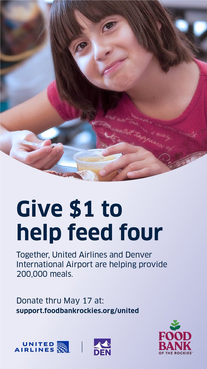 Cheryl_Searle's tweet photo. So proud of this partnership! 👏 Please join @united &amp; @DENAirport in supporting @FoodBankRockies! 🍇🥫🍞 A $1 donation helps feed 4, &amp; United is matching up to $25K in donations! 💵 Please consider donating thru 5/17. 🙏🏻 https://t.co/ApqA4LyLDo #beingUnited #UnitedInCommunity https://t.co/j6hhWjiEI5