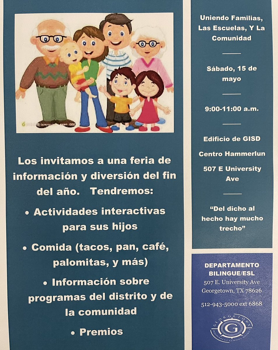 P_RiveraArriaga's tweet photo. Para nuestras familias de habla español. Nuestra meta es elevar el nivel de colaboración entre las familias, las escuelas y la comunidad. 💕 @GeorgetownISD https://t.co/Fb5hlDAL5k