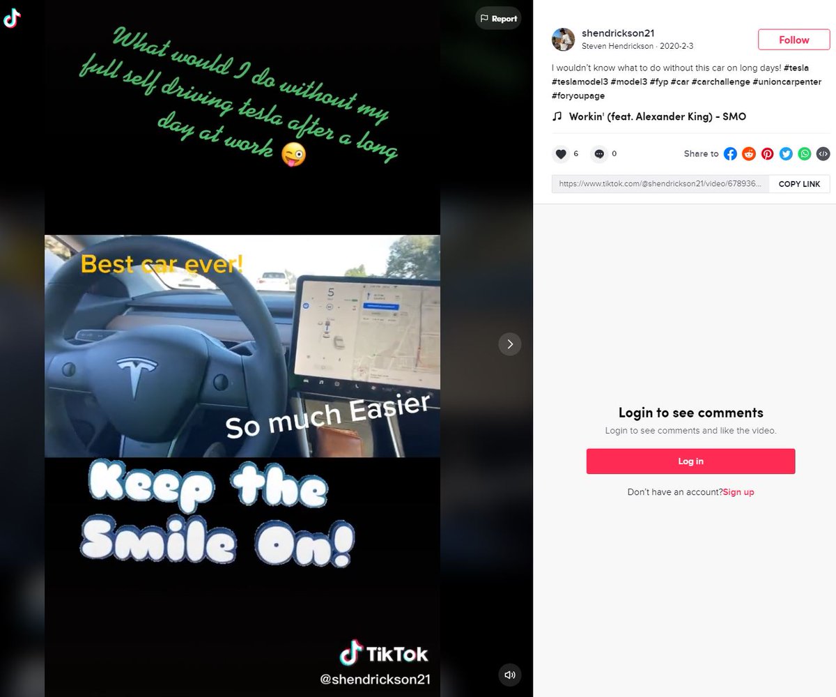 The most troubling posts are on what appears to be his TikTok account. The posts show him using his Tesla's driving automation in traffic, describing it as "FSD" and "selfdriving," and describing his state has "tired" and "bored"  https://www.tiktok.com/@shendrickson21/video/6786015998035184902?is_copy_url=0&is_from_webapp=v1&sender_device=pc&sender_web_id=6905151945779234309 https://www.tiktok.com/@shendrickson21/video/6789360299012001030?is_copy_url=0&is_from_webapp=v1&sender_device=pc&sender_web_id=6905151945779234309