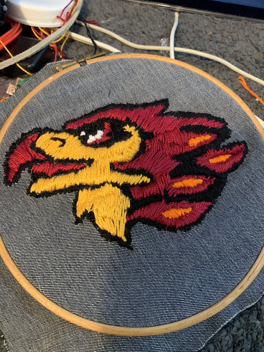 cssilver's tweet image. Rainy day sewing project some OOP fan art of the firebirds logo. @KyellGold