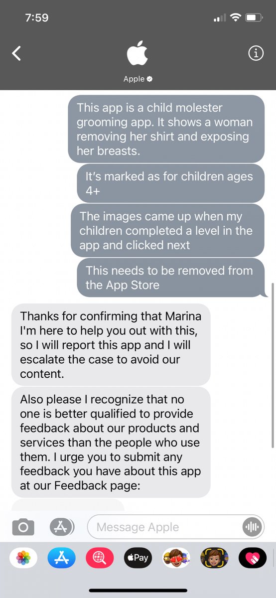 I’m currently reporting an app to Apple from their App Store that marks itself as for children ages 4+ but that advertises pornographic content to children, a grooming app. But hey, they removed Parler so y’all safe.