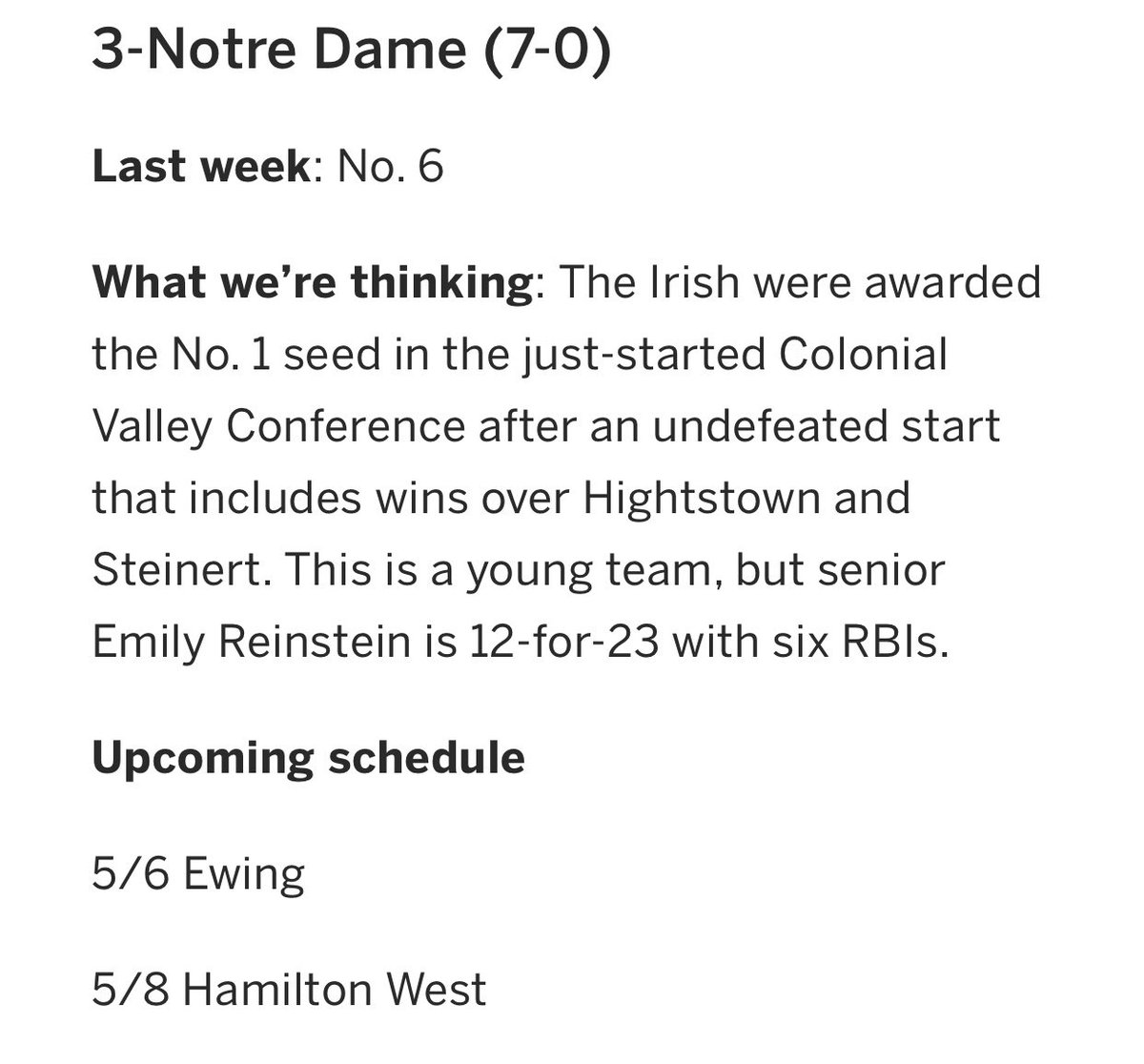 RyleeMichalak's tweet photo. Started off ranked 9th, two weeks later we’re up to 3rd in the state and 1 in our conference. Let’s keep climbing up and continue with this success💙🍀🥎 @NDNJAthletics @StriveSoftball @Los_Stuff @ExtraInningSB https://t.co/O1T3pWCREf