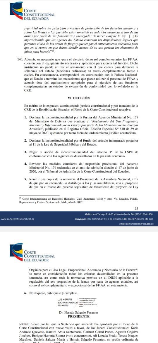 La <a href="/CorteConstEcu/">Corte Constitucional</a> declara inconstitucional el Acuerdo Ministerial 179 que pretendió regular el uso de la fuerza, de manera progresiva, por parte de las Fuerzas Armadas en la seguridad interna del país. La Corte acepta los argumentos de la DPE y determina que la <a href="/PoliciaEcuador/">Policía Ecuador</a>...