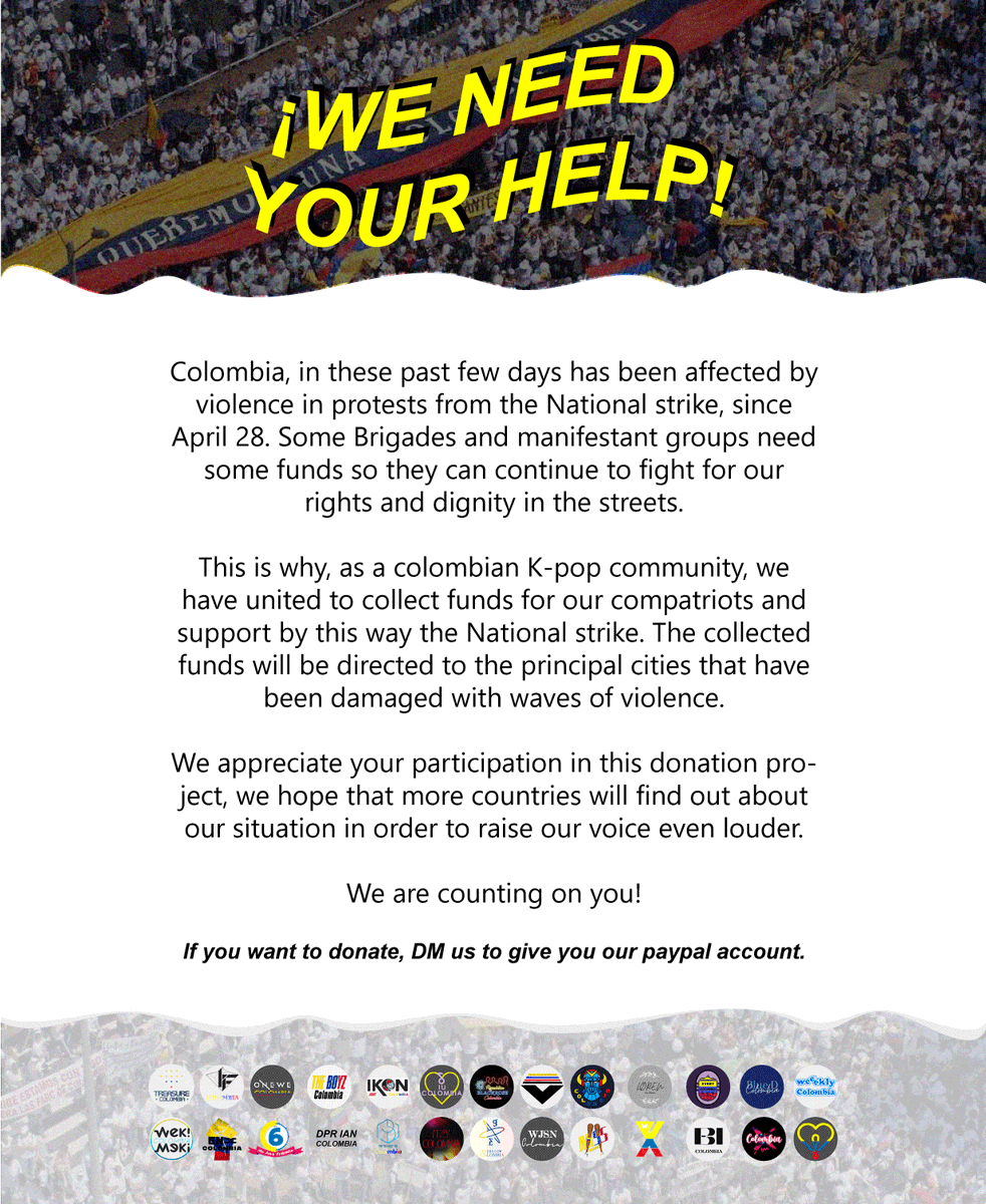 MYTEENCOL's tweet photo. YOU"TH, Colombia needs you!

You can see in the pictures how you can donate to support for people who are risking their integrity for our country.

We hope you can join this project, and help the National strike in your way. https://t.co/NBKm7dKoX2