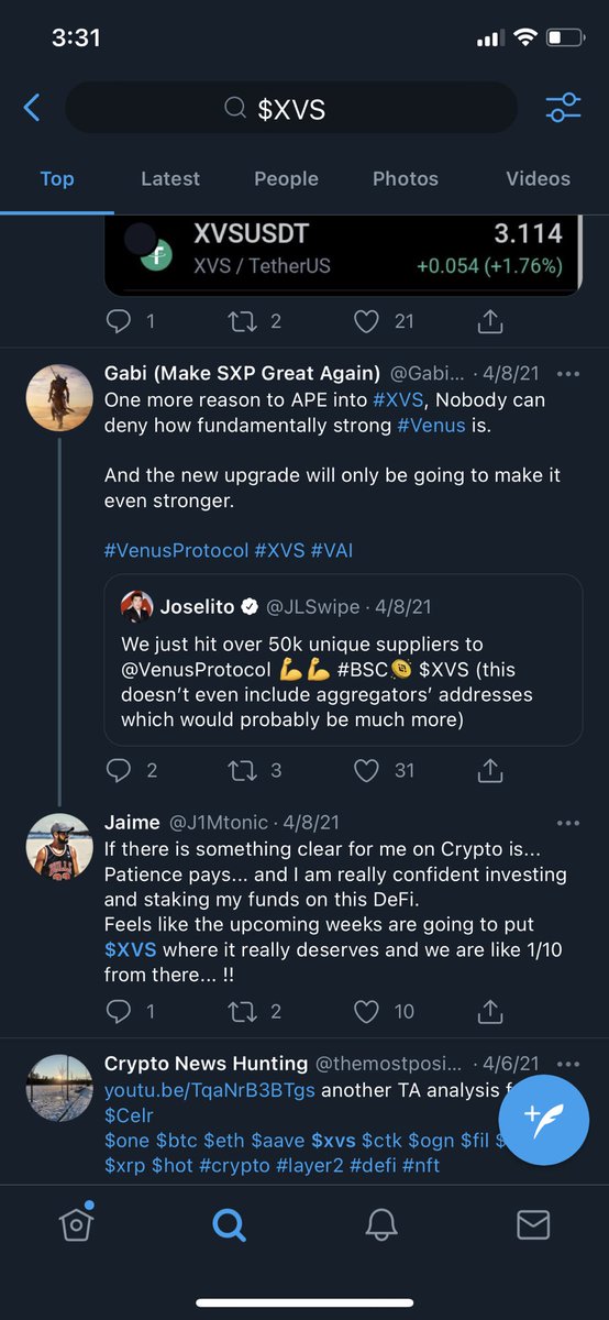 Another way to check for a coin is using Twitter. For example type  $XVS into your search bar & look at the tweets of CT influencers or people talking about the coin. If you feel like it’s worth giving it a shot after your initial research, then you can go for it.