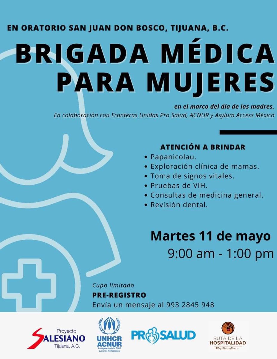 Compartimos con ustedes esta brigada médica. Se requiere registro previo al número que aparece en el flyer. Cupo limitado. Para más informes puede comunicarse al Oratorio San Juan Bosco