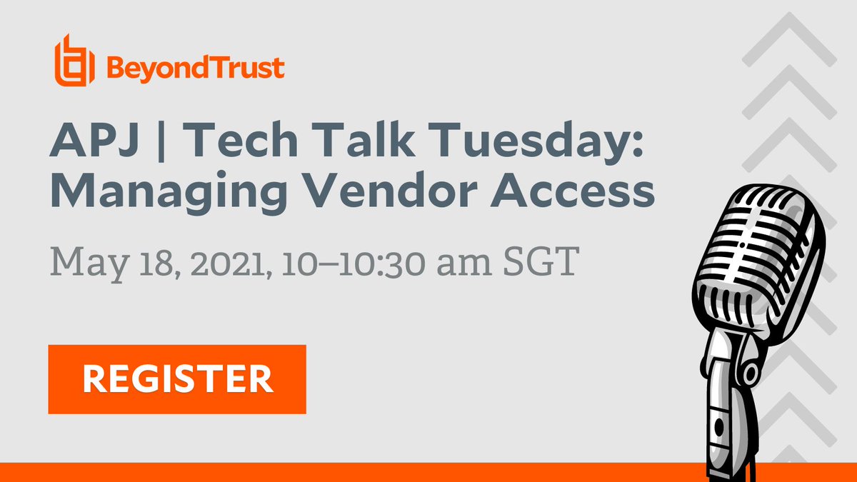 BeyondTrust's tweet image. MAY 18th TECH TALK TUESDAY: Join this APJ region 30-minute technical product clinic about how you can best manage vendor access with BeyondTrust&apos;s Privileged Remote Access solution.

Register here: ow.ly/9mJa50EGtTQ 

#vendoraccess #cybersecurity #thirdpartyaccess