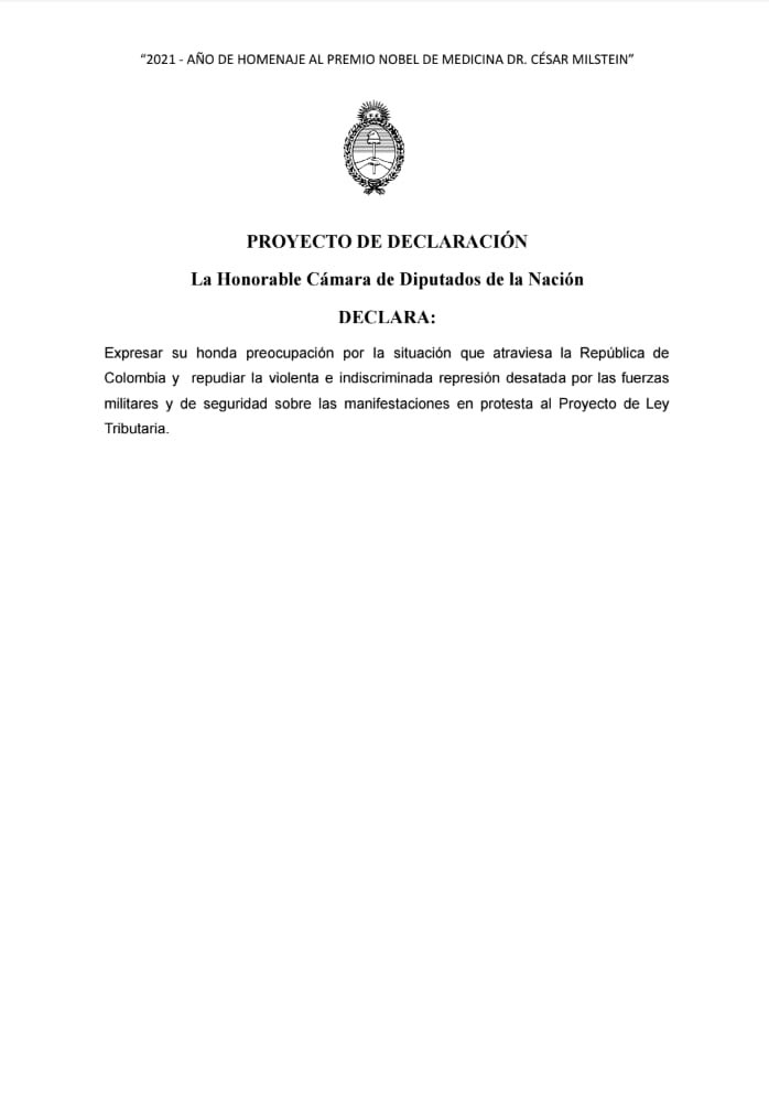 danyvilar's tweet photo. Presentamos un Proyecto de Declaración para repudiar la feroz represión en Colombia del gobierno de Iván Duque, que ya ha causado la muerte de más de 27 personas. La protesta social es un derecho legítimo de los pueblos y no puede ser respondida con la violencia indiscriminada. https://t.co/QXLpdJJ6Yc