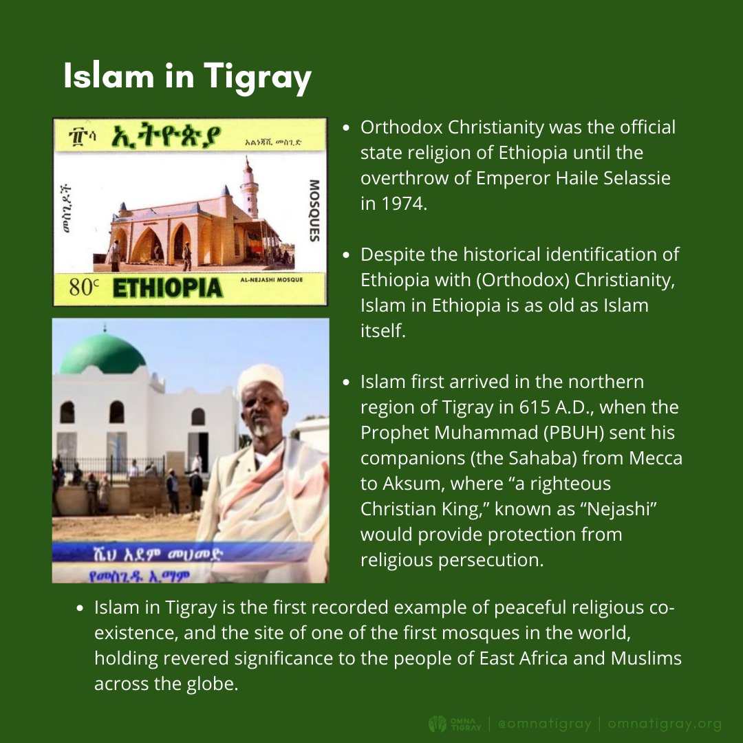 Islam first arrived in the northern region of Tigray in 615 A.D., when the Prophet Muhammad sent his companions (the Sahaba) from Mecca to Aksum, where “a righteous Christian King,” known as “Nejashi” would provide protection from religious persecution.