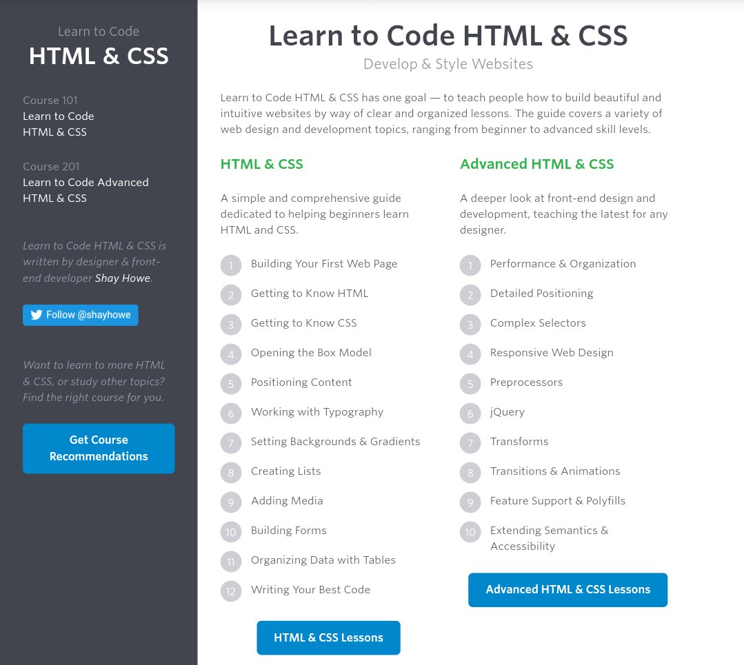  Learn to code HTML and CSS- Learn how to build beautiful and intuitive websites by way of clear and organized lessons  https://learn.shayhowe.com/ 