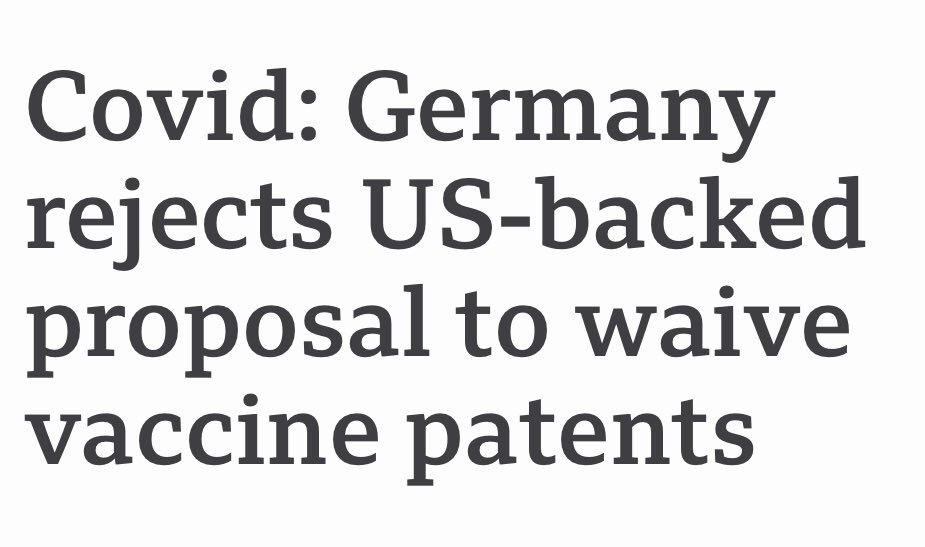 This week saw a dramatic change in US policy, when Biden shifted away from Trump’s profits-first approach to the pandemic. Australia & New Zealand followed suit. But the EU - led by Germany - is digging in its heels to back profits over human lives.  https://www.bbc.com/news/world-europe-57013096