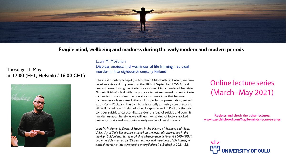 Our next free lecture will be on Tuesday May 11 at 5pm (EET, Helsinki) by Lauri M. Moilanen 

Distress, anxiety, and weariness of life framing a suicidal murder in late eighteenth-century Finland 

Register here: https://t.co/qwfWhUClwA

@TahitiOulu @OuluArchaeology https://t.co/mdUIewdI4K