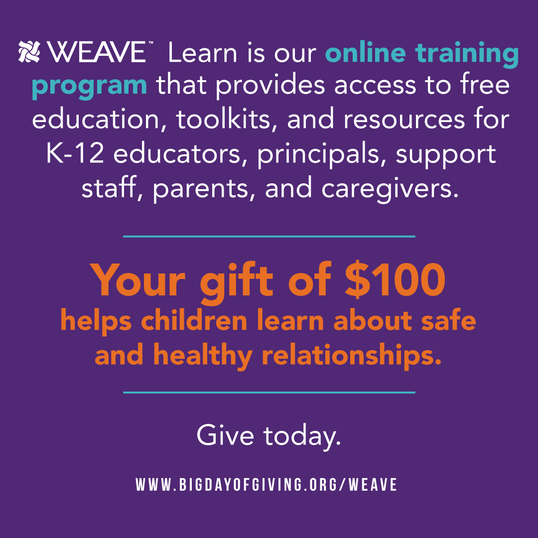 WEAVEinc's tweet photo. Your gift of $100 helps children learn about safe and healthy relationships. Give today at https://t.co/uHiv0SBNuY
#WEAVEGotThis #BDOG2021 https://t.co/bVD9NlwFmN
