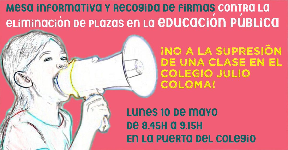 El próximo #lunes #10mayo recogeremos firmas contra la supresión de la línea de 3 años que ha llevado a cabo <a href="/EducaAnd/">Consejería Desarrollo Educativo y FP</a> de manera unilateral en pleno proceso de reubicación. Nos constan familias que han solicitado el <a href="/CeipJulio/">CEIP. Julio Coloma Sevilla</a> #Coloma y se vulnera su derecho a elegir centro.