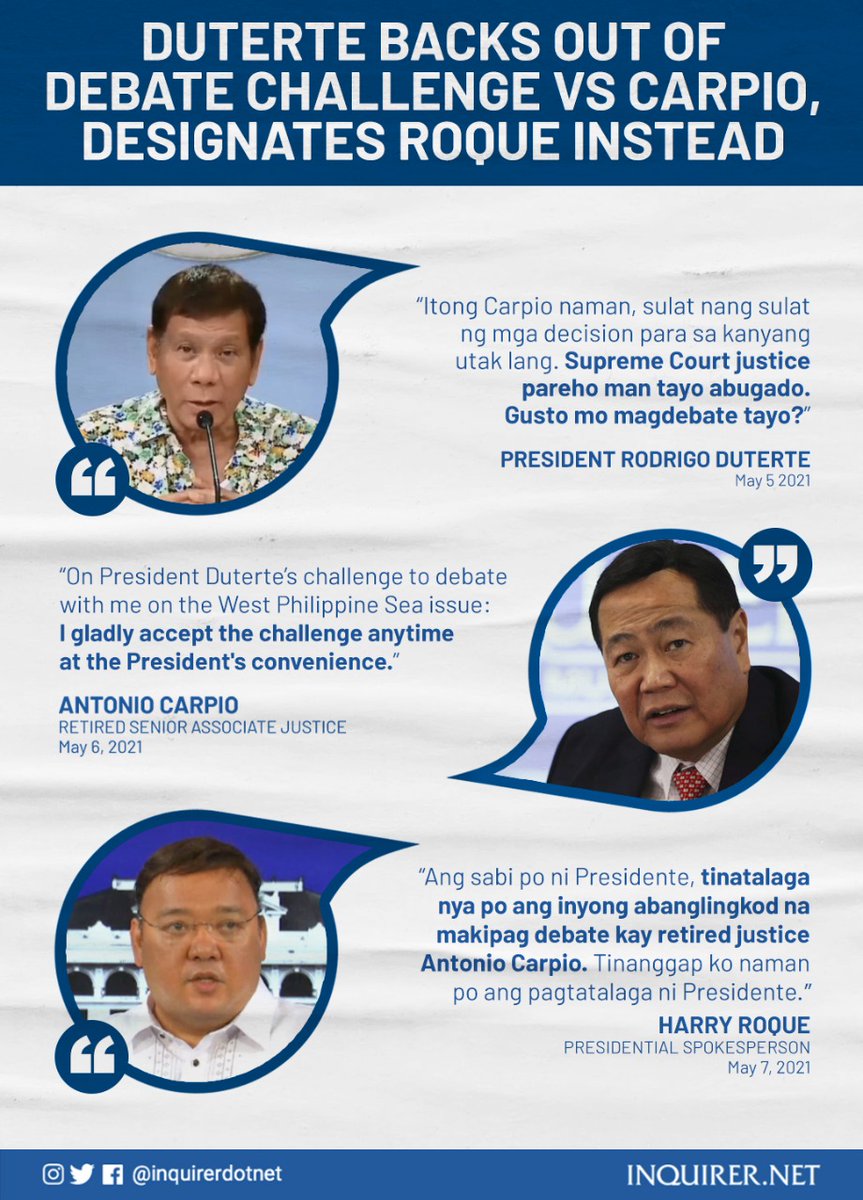 inquirerdotnet's tweet photo. NO MORE FACE-OFF

President Rodrigo Duterte backed out of the debate against retired SC Associate Justice Antonio Carpio over the issue on the  West Philippine Sea and designated his spokesperson Harry Roque as his representative.

READ: https://t.co/b8q79iIHXe https://t.co/v7QqcyCg6A