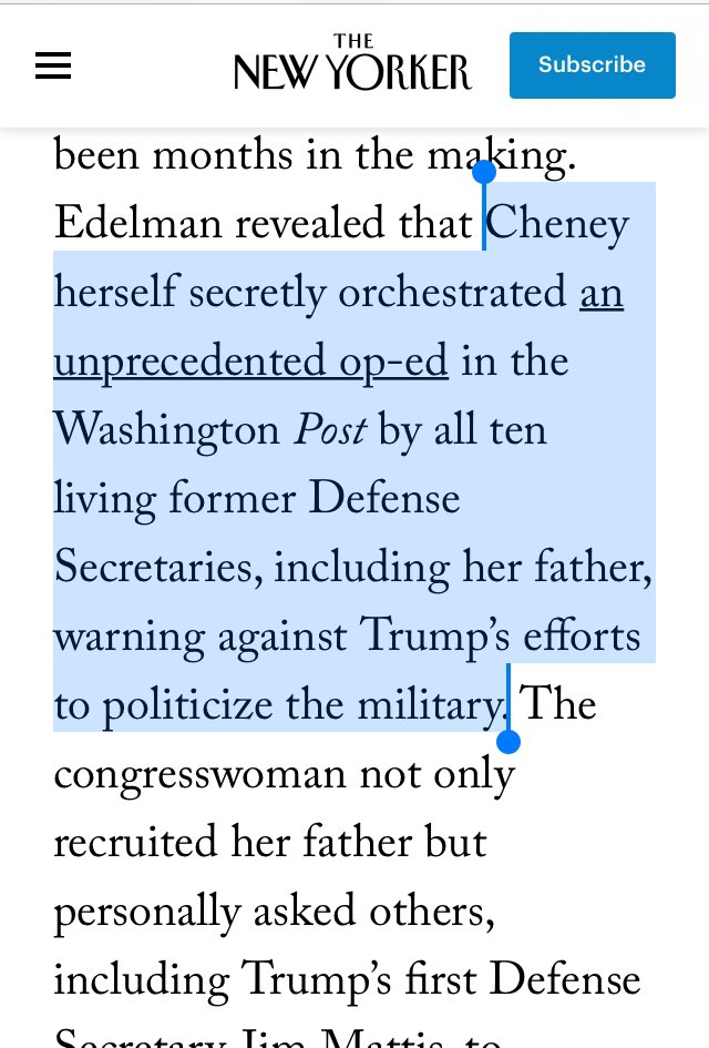 If this is correct, Liz Cheney is already an American hero. More broadly, people are not fully appreciative of the professionalism of our military. Trump would have tried an actual coup in a heartbeat, if he thought the military was with him.  https://www.newyorker.com/news/letter-from-bidens-washington/forced-to-choose-between-trumps-big-lie-and-liz-cheney-the-house-gop-chooses-the-lie