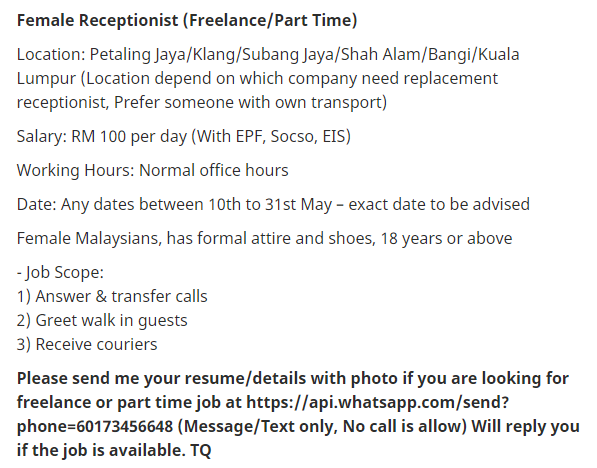 Part Time Female Receptionist Needed #parttime #freelance 
Please share &amp; RT. 
Kindly send me your resume at Tan_Sookping@persolkelly.com

<a href="/haikerja/">Jawatan Kosong</a> <a href="/indeed/">Indeed</a> <a href="/twt_kerja/">Twt_Kerja</a> <a href="/MauKerjaMY/">Maukerja</a> <a href="/jomkerjamy/">JomKerja.my</a> <a href="/Twt_IklanKerja/">Jawatan Kosong 2024</a> <a href="/twt_job/">KERJA KOSONG</a> @kerjakosongla @ZOHL_KERJAYA
#vacancy #job #parttimejobs