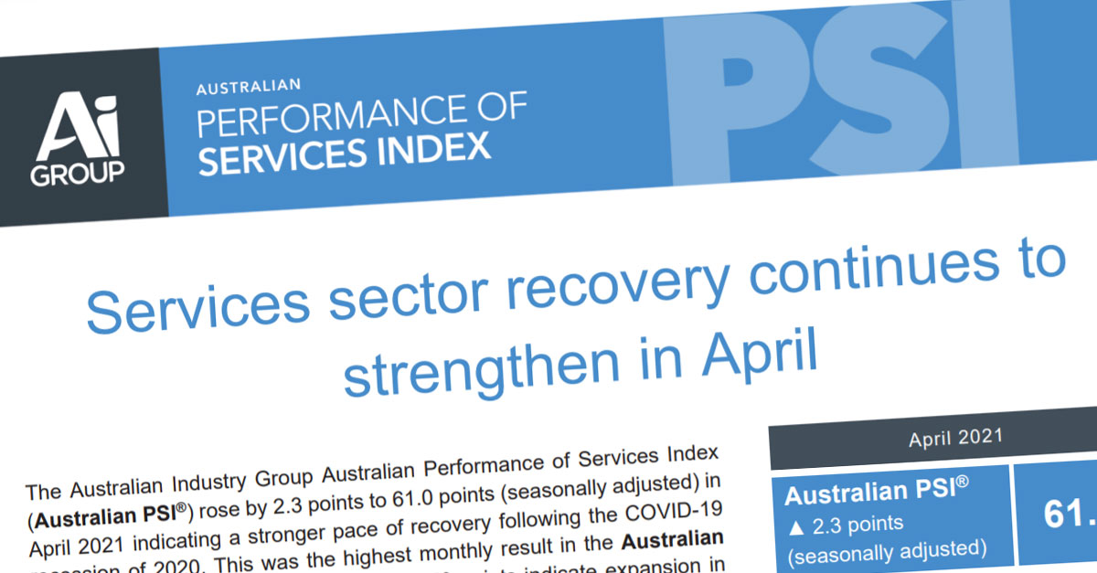 Australia's #services industry expanded further in April, with latest Ai Group Australian PSI® recording its highest monthly result since October 2003. Details here: go.aigroup.com.au/vz #ausbiz #ausecon