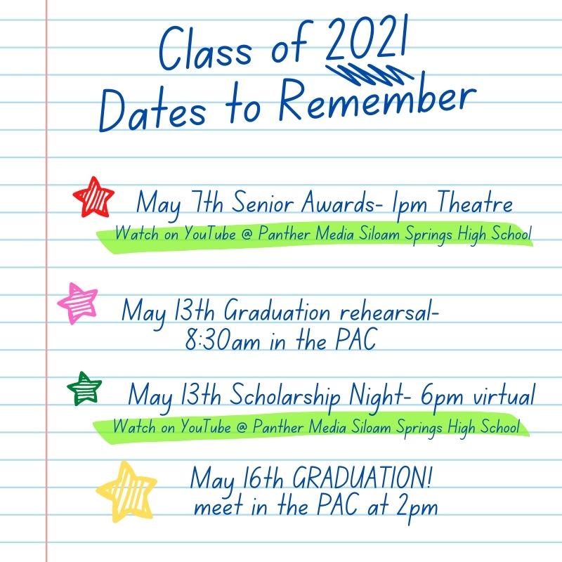 Upcoming Senior Events! As a reminder Senior Awards will be closed to the public but can be viewed online.
#PantherPride
#SSHS
#Classof2021