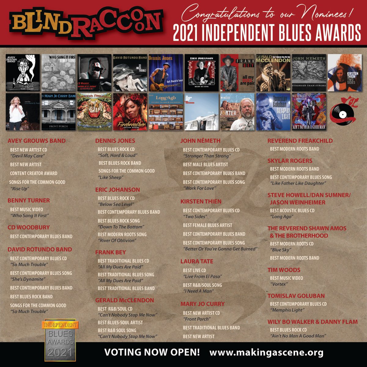 🎉Congrats to our nominees! <a href="/JeniGrouws/">Jeni Grouws</a> <a href="/BennyTurnerBass/">Benny Turner</a> @cdwoodbury <a href="/DavidRotundo/">David Rotundo Band</a>  <a href="/EricJohanson504/">Eric Johanson</a> <a href="/FrankBey2/">Frank Bey</a> 
<a href="/NemethMusic/">John Nemeth</a> <a href="/kirstenthien/">Kirsten Thien</a> <a href="/LauraTateMusic/">Laura Tate</a>  @Revfreakchile <a href="/SkylarRogers15/">Skylar Rogers</a> <a href="/DanSumnermusic/">DanSumnermusic</a> @therevamos <a href="/TomislavGoluban/">Tomislav Goluban (Little Pigeon)</a>  <a href="/wilybo/">Wily Bo Walker</a>