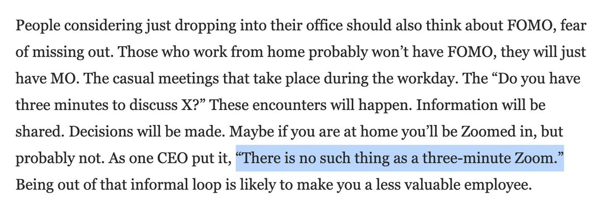 Again, this also sounds a bit like...a threat? And yeah you don't need to have a 3 minute zoom (but you could have one! there's no set reason a zoom has to be 30 min long!)...but you could, i dunno...do the work to evolve how your office works!