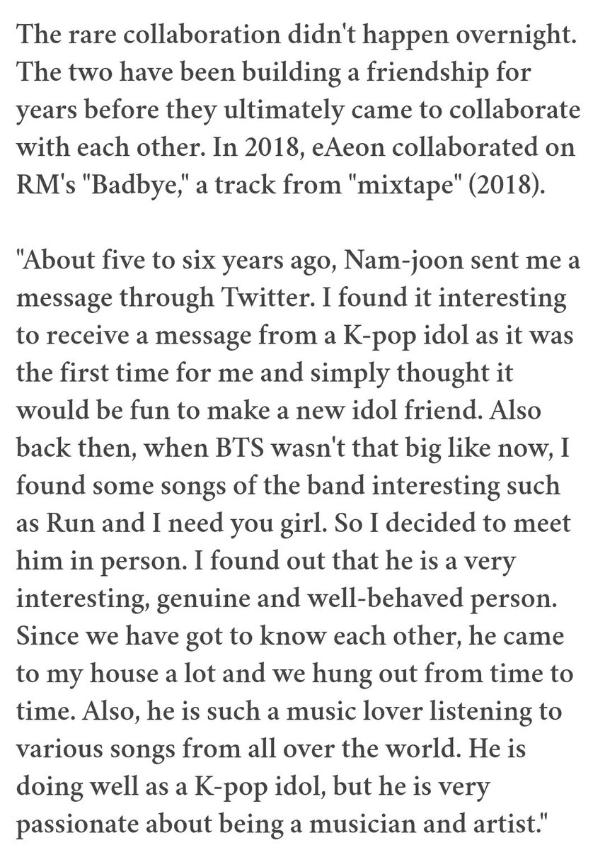 eAeon discussed his friendship with  @BTS_twt RM: "About 5 to 6 years ago, Namjoon sent me a message through Twitter. I found it interesting to receive a message from a K-pop idol, as it was the first time for me and I simply thought it would be fun to make a new idol friend. (+)
