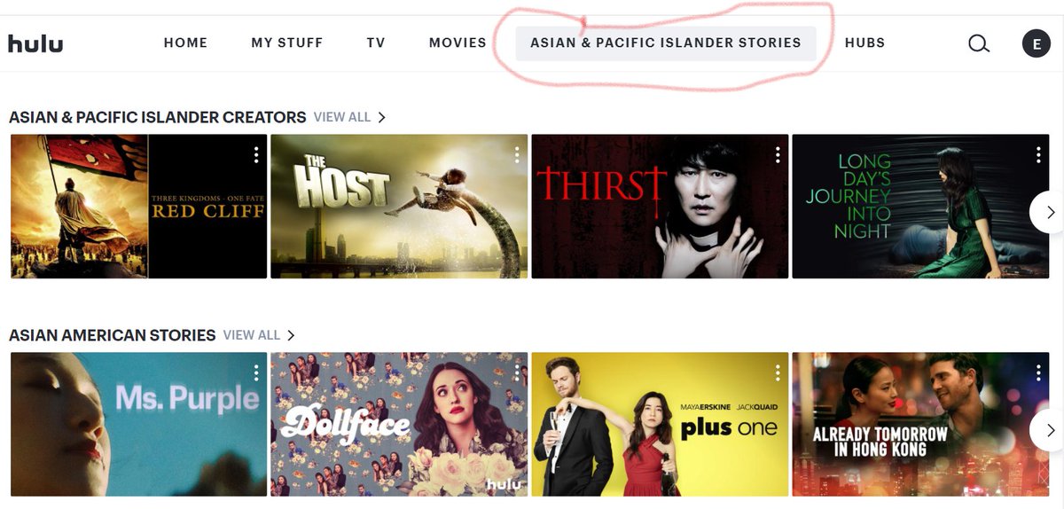 Ergo, if  @Hulu doesn't append "American" to "Asian & Pacific Islander" in the title of the playlist honoring  #AsianAmericanPacificIslanderHeritageMonth  , it can still look like "We're supportive allies!" for including Asian diaspora stories and creators, which, COOL but also 19/