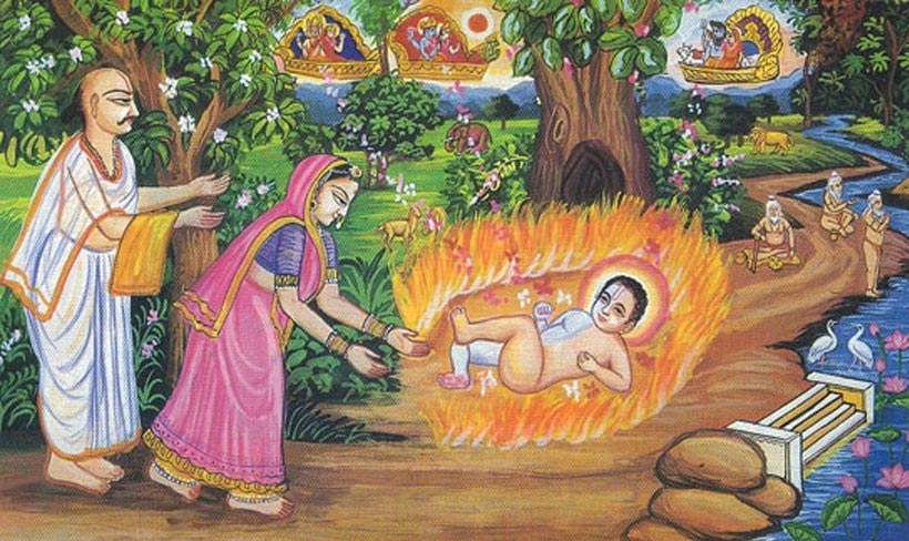 Childhood miraclesHe was born and didn't show any movement so they though child is dead and wrapped in cloth they left in forest. But they had dream where bhagwan krishna said child is alive. They saw child surrounded by burning fire. Garga maharishi came and blessed child
