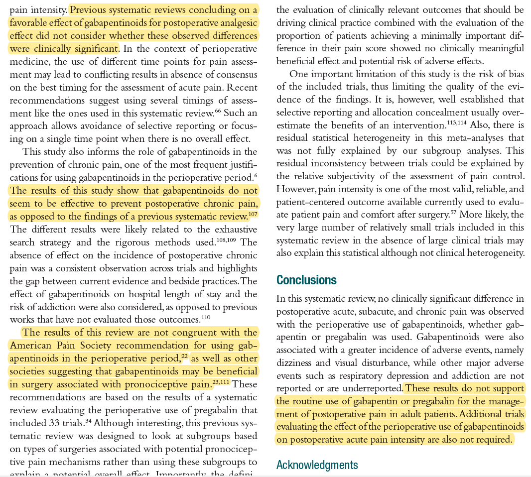 "Perioperative Use of Gabapentinoids for the Management of Postoperative Acute Pain: Meta-analysis" (2020) - "These results do not support the routine use of pregabalin or gabapentin for the management of postoperative pain in adult patients." - pubs.asahq.org/anesthesiology…